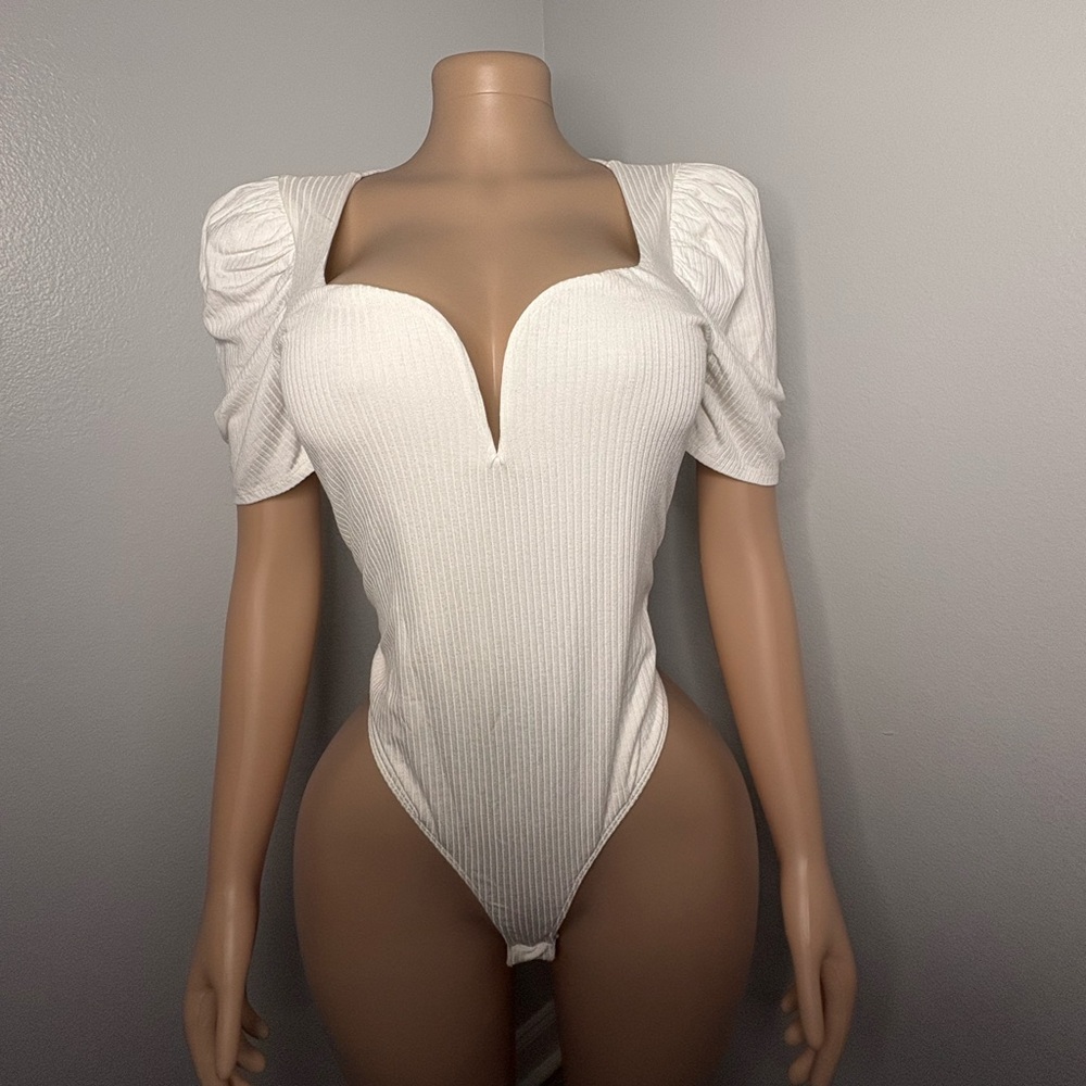 White Ribbed Bodysuit with Puff Sleeves